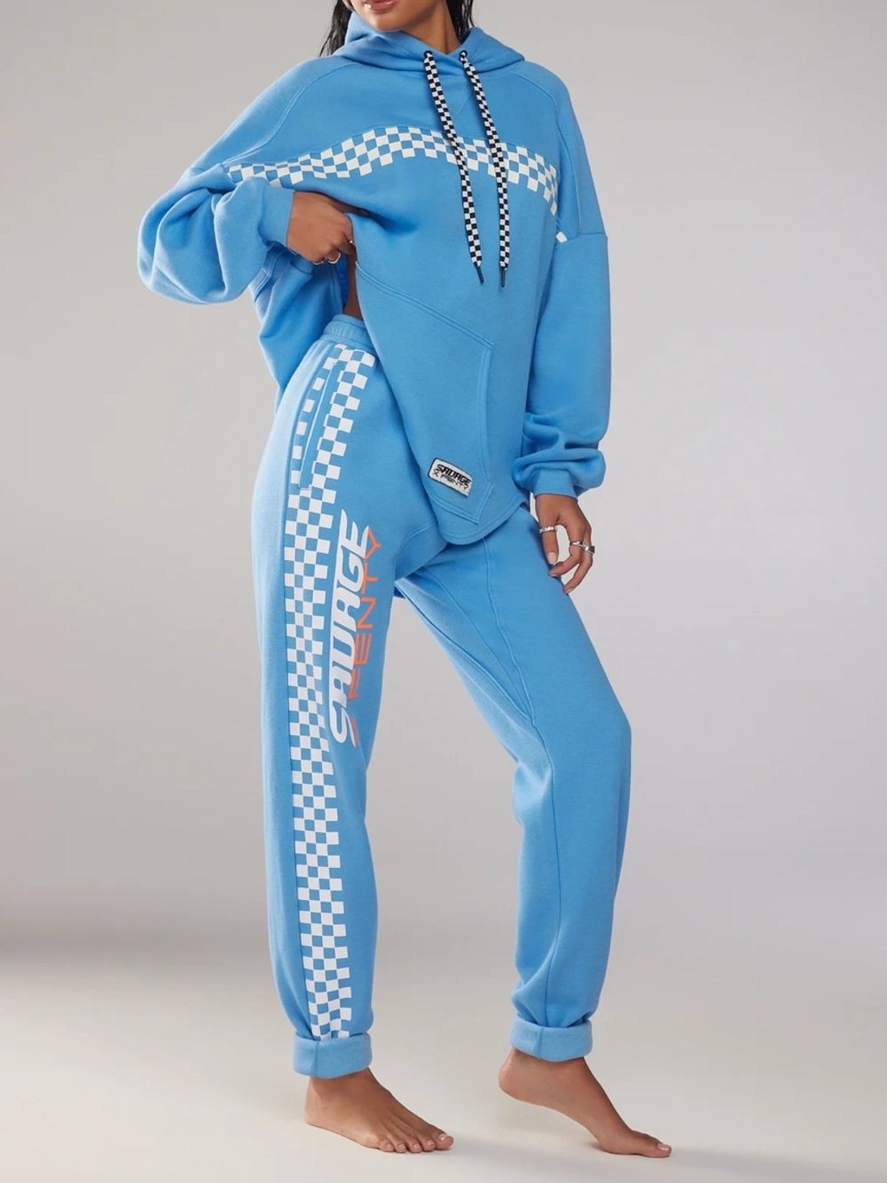 Universal Blue Gaze Checker Stripe Jogger Pants with Side Graphic